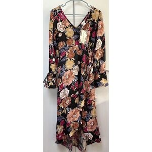 Band Of The Free Dress Womens‎ Small Black Berry Floral High Low Long Sleeve Tie